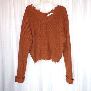 Moon & Madison Fall Knit Sweater Women Medium Brown Pullover Cropped Frayed Edge